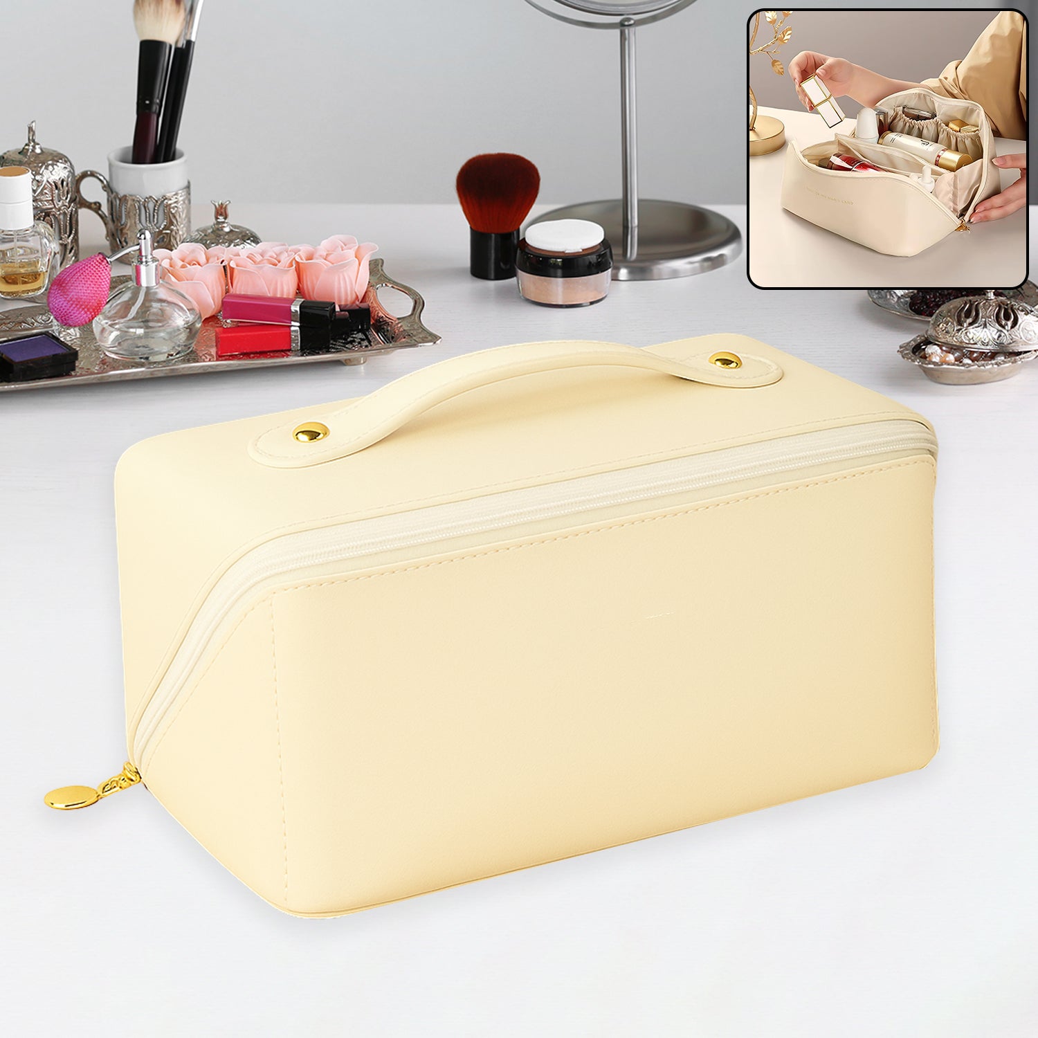 Premium Cream Travel Makeup Toiletry Organizer Pouch With Zipper Handle (1 Pc)