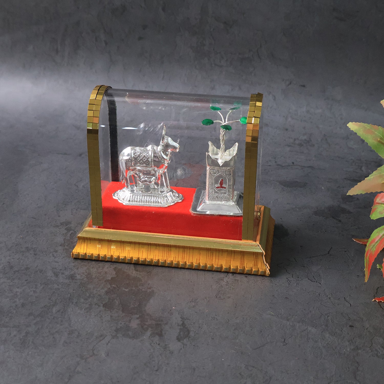 Decorative Kamdhenu Cow With Calf And Tulsi Plant Idol Set